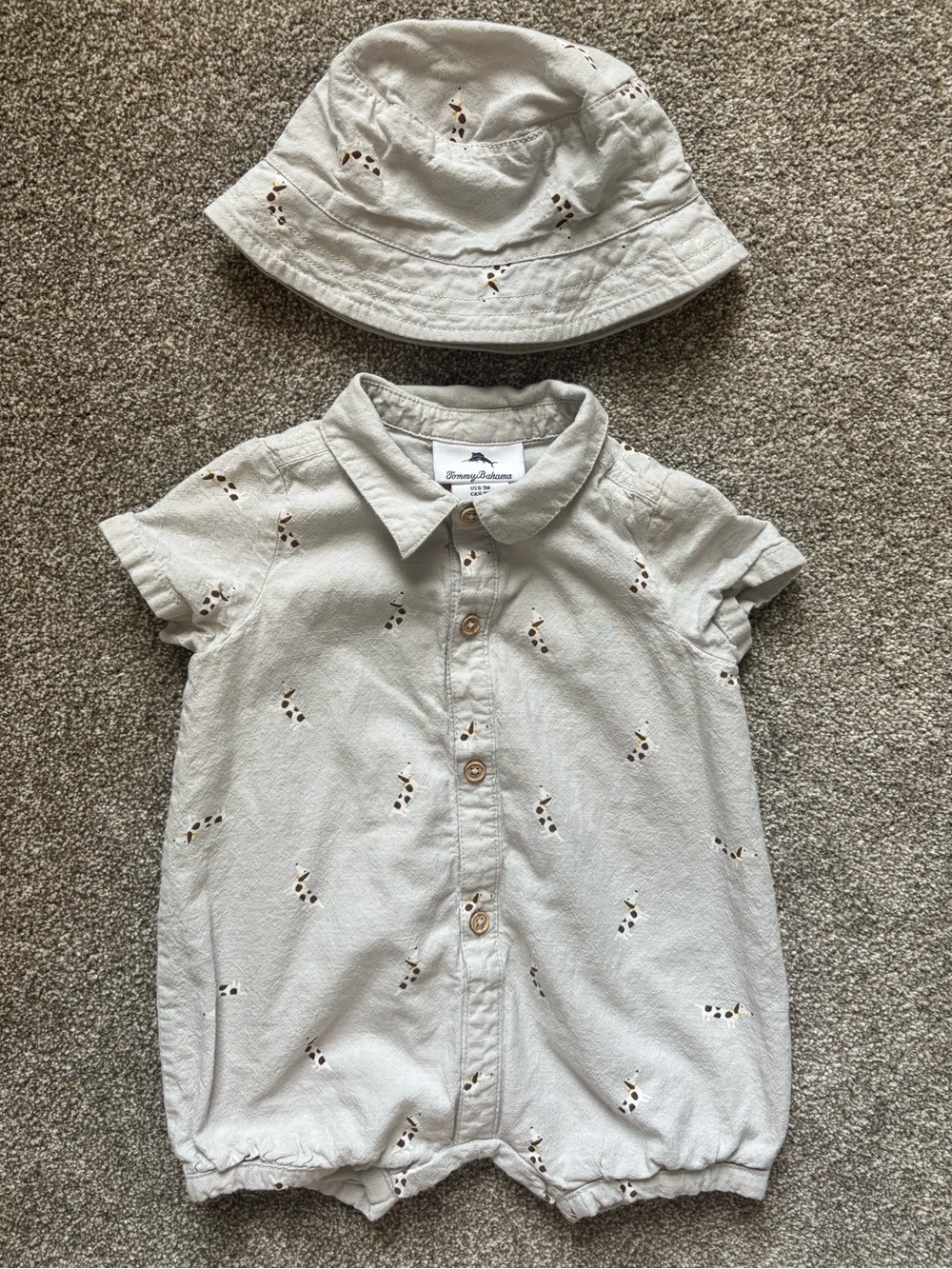 Tommy Bahama Light Gray Puppy Cotton Baby Romper with Matching Hat